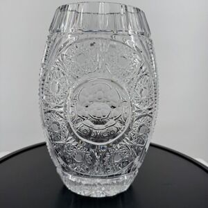 Zawiercie Poland 24% Lead Crystal Vase, Hand Cut Glass, Barrel‎ Shaped *Signed*